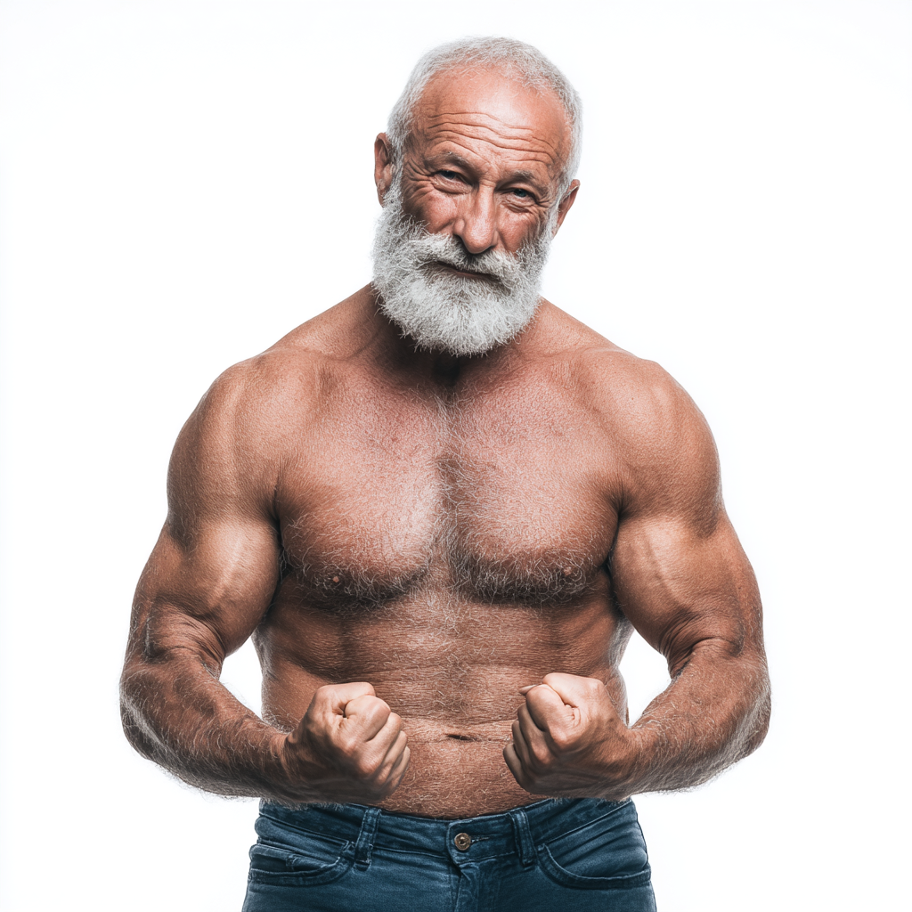 Smiling elderly European man in meditation pose, radiating inner peace and wisdom