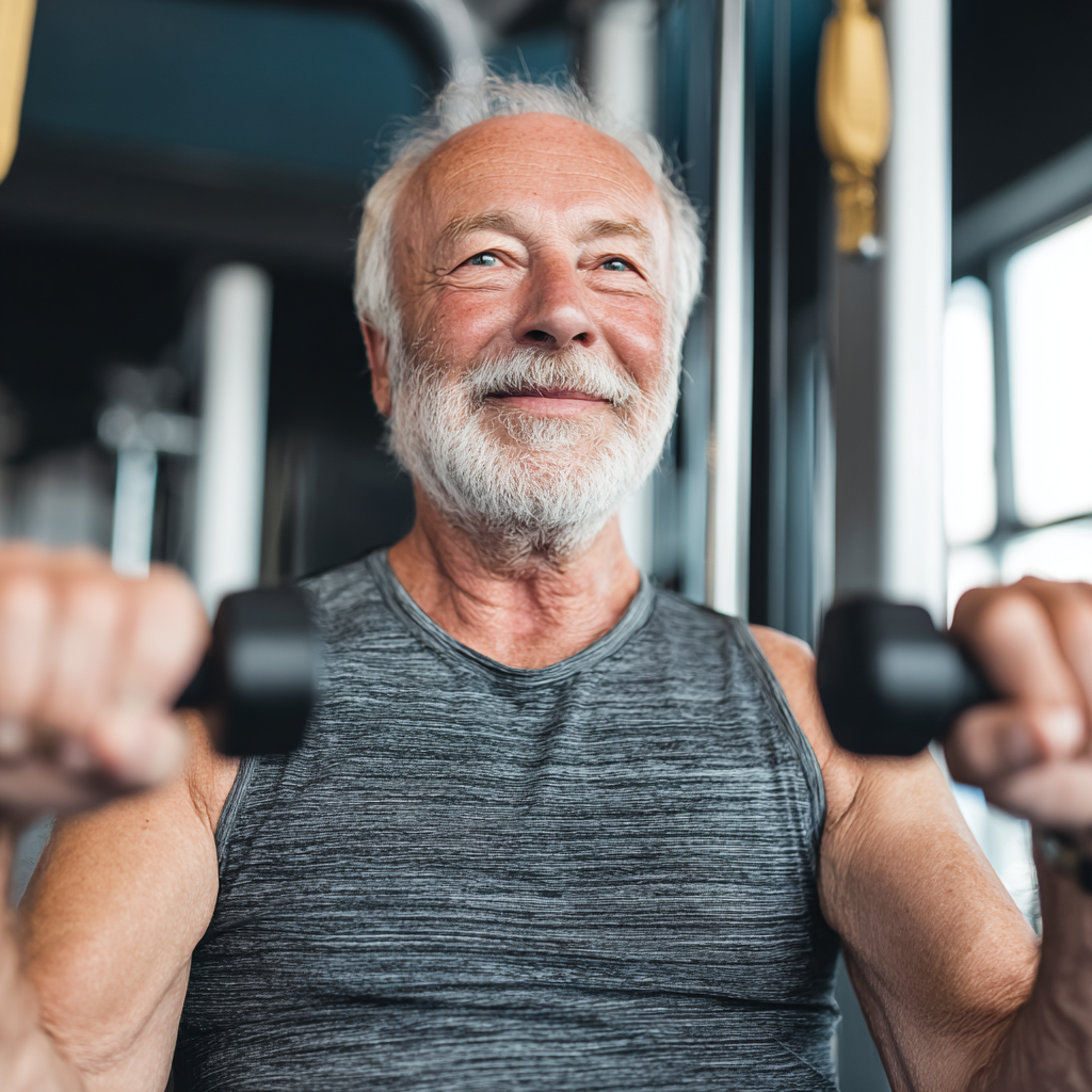 Elderly European man demonstrating traditional strength exercises, smiling with confidence and vitality